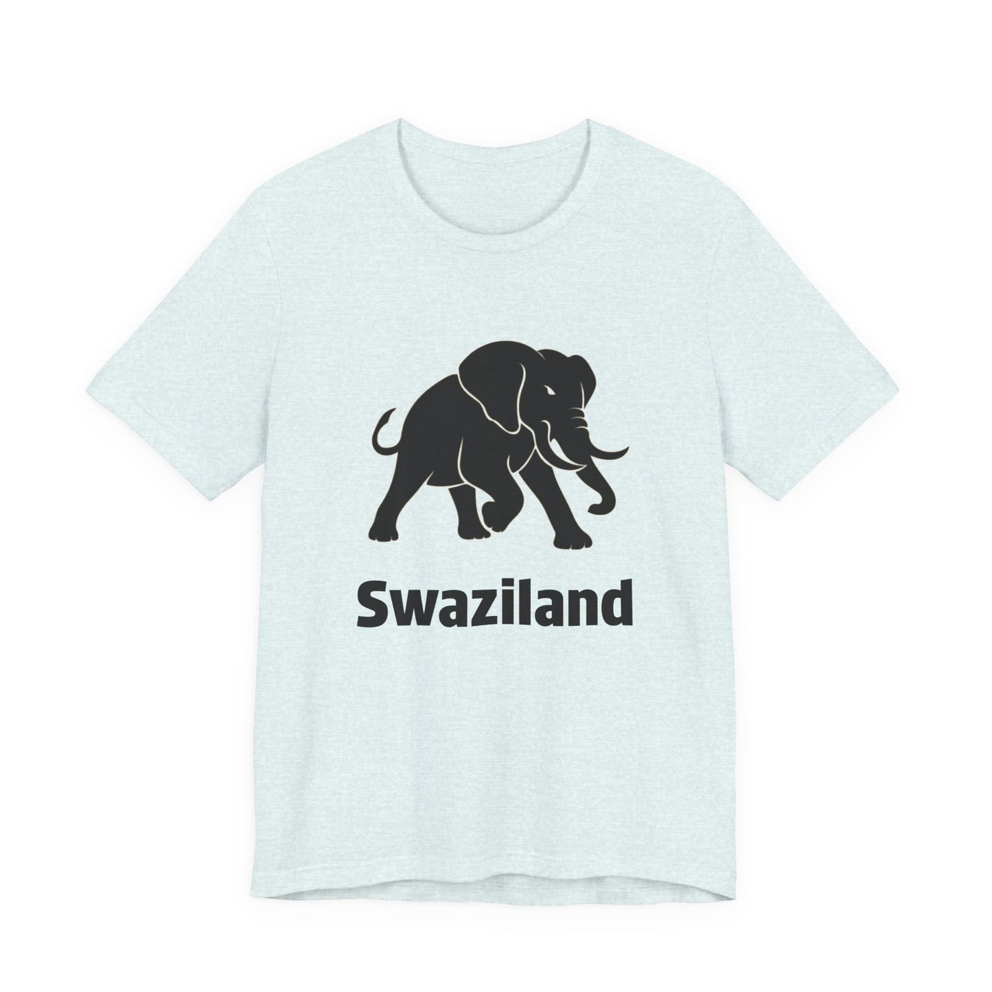 A heather aqua short-sleeve t-shirt with a black graphic of a walking elephant and the word 'Swaziland' printed underneath.