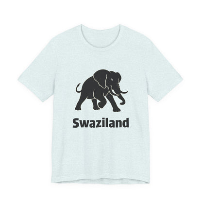 A heather aqua short-sleeve t-shirt with a black graphic of a walking elephant and the word 'Swaziland' printed underneath.