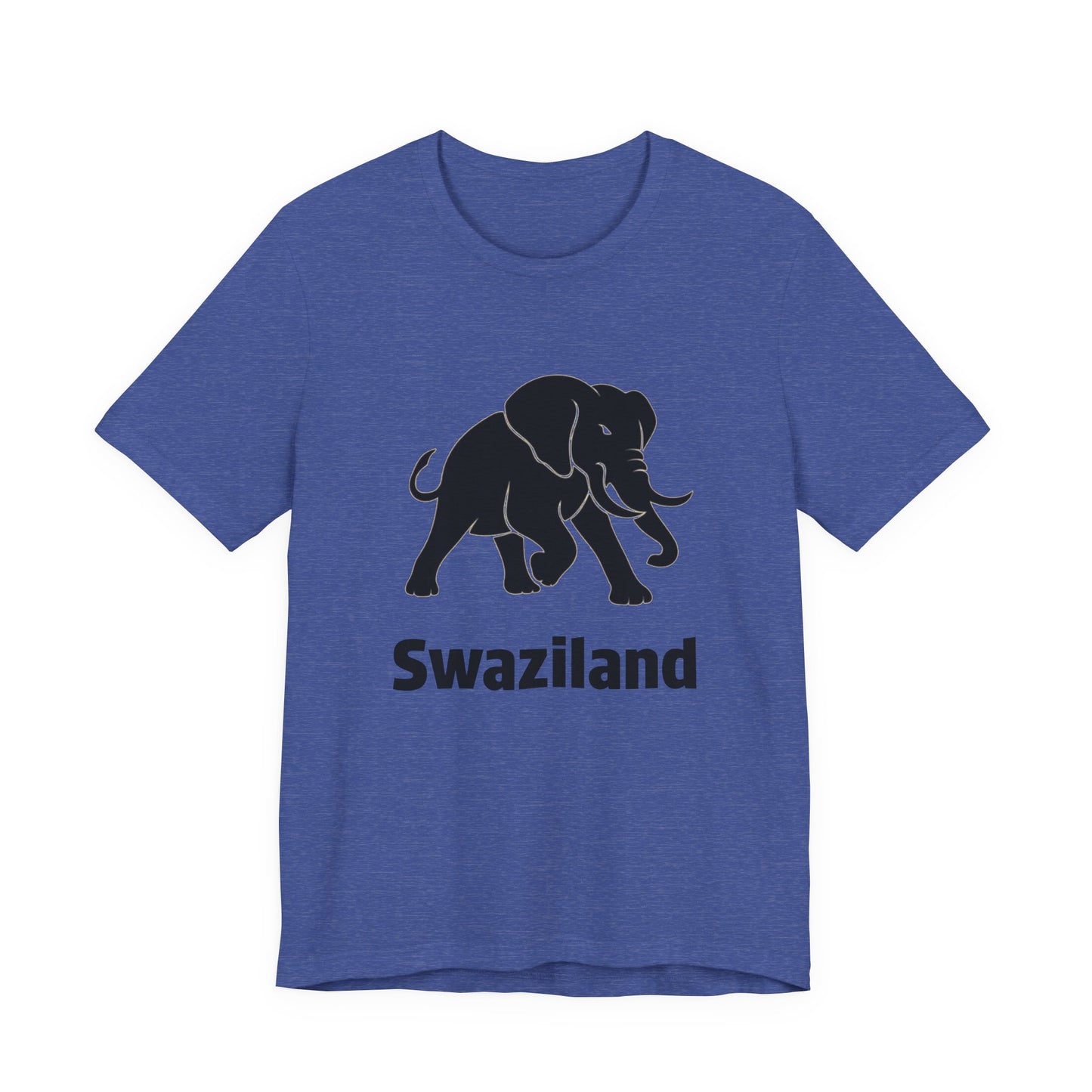 A heather blue short-sleeve t-shirt with a black graphic of an elephant and the word 'Swaziland' printed on the front.
