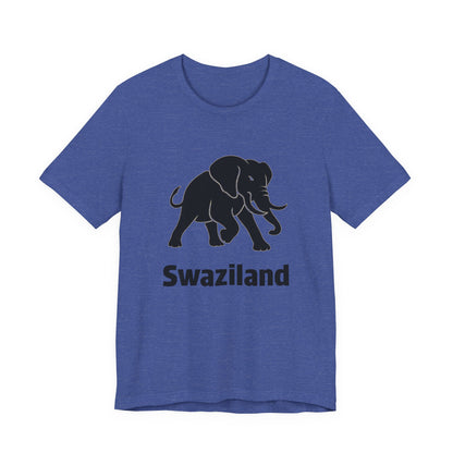 A heather blue short-sleeve t-shirt with a black graphic of an elephant and the word 'Swaziland' printed on the front.