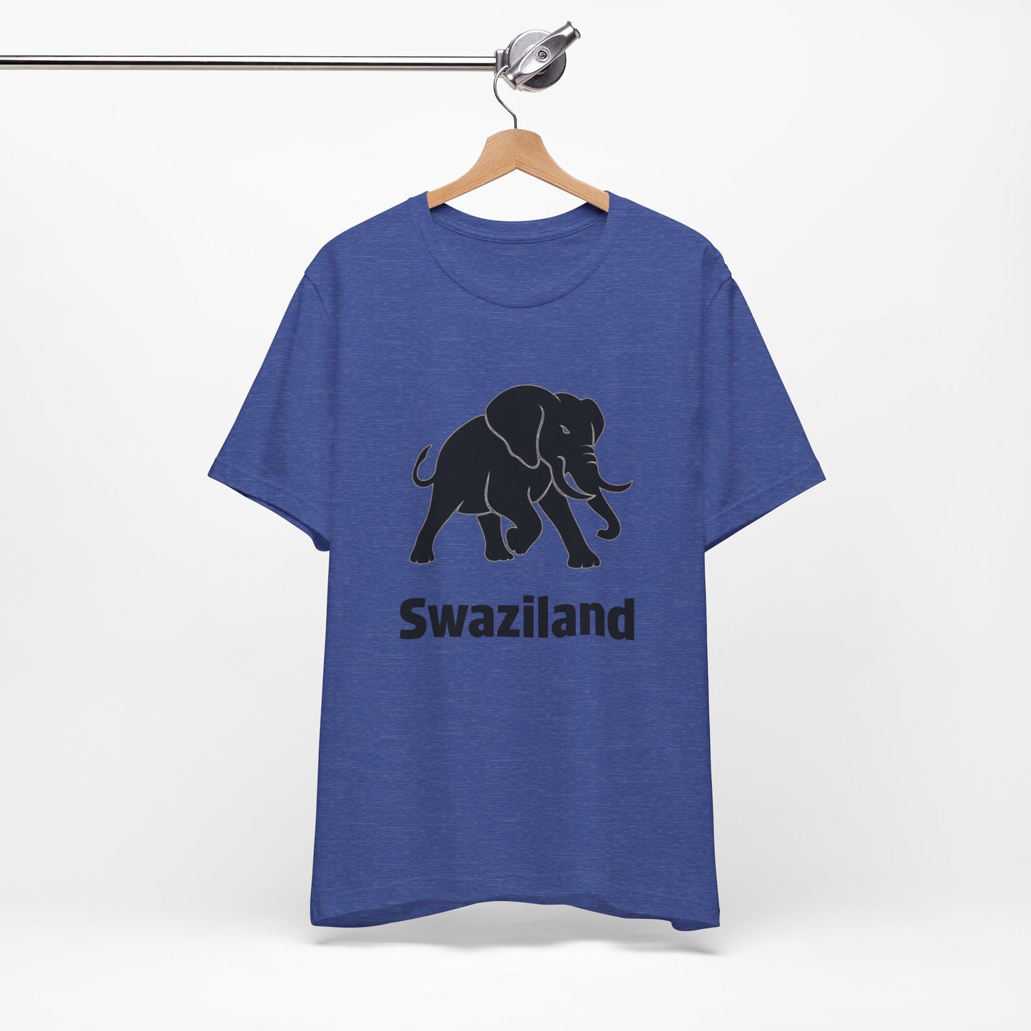 A heather blue short-sleeve t-shirt features a black graphic of an elephant with the word 'Swaziland' printed underneath in black.