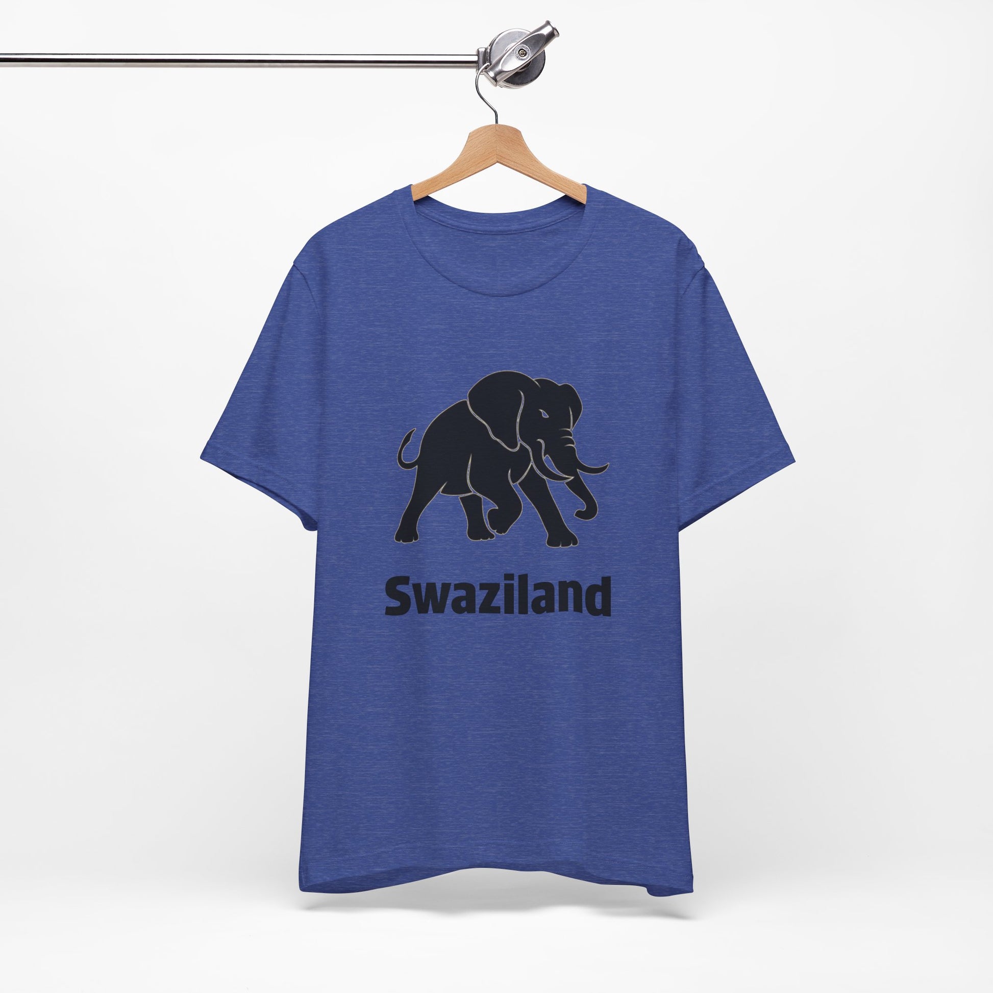 A heather blue short-sleeve t-shirt features a black graphic of an elephant with the word 'Swaziland' printed underneath in black.