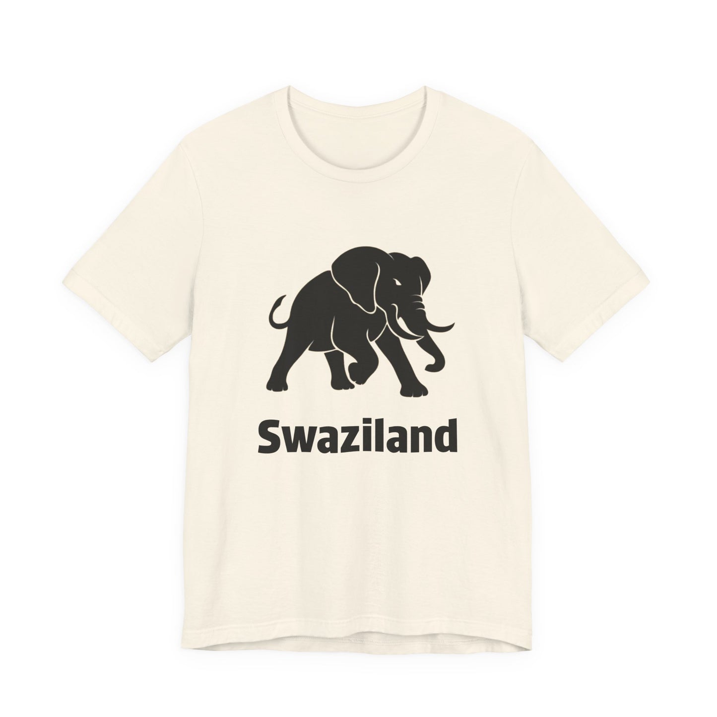 A heather natural short-sleeve t-shirt featuring a black graphic of a walking elephant with the word 'Swaziland' printed underneath.