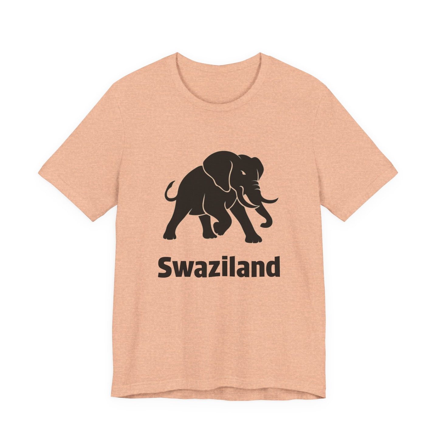 A heather peach colored short-sleeve t-shirt with a black graphic of an elephant and the word 'Swaziland' printed on the front.