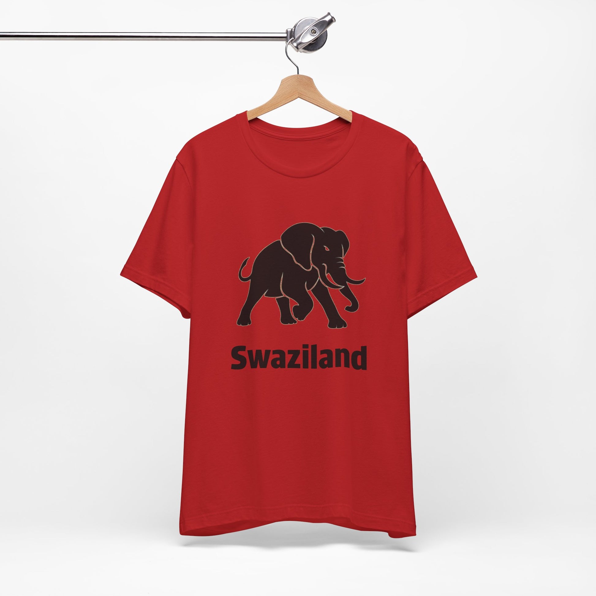 A red short-sleeve t-shirt featuring a black elephant graphic and the word 'Swaziland' printed on the front.