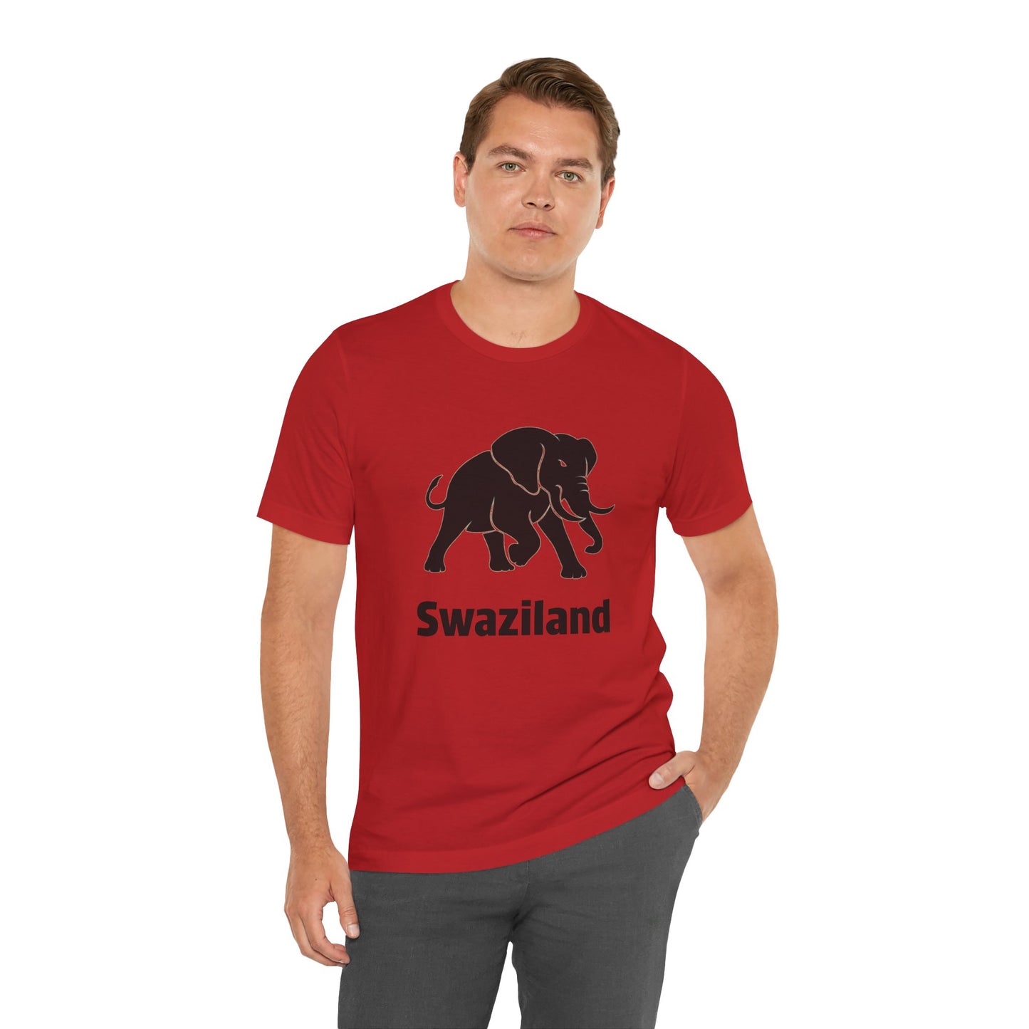 A man wearing a red crewneck t-shirt with a black elephant graphic and the word 'Swaziland' printed below it.