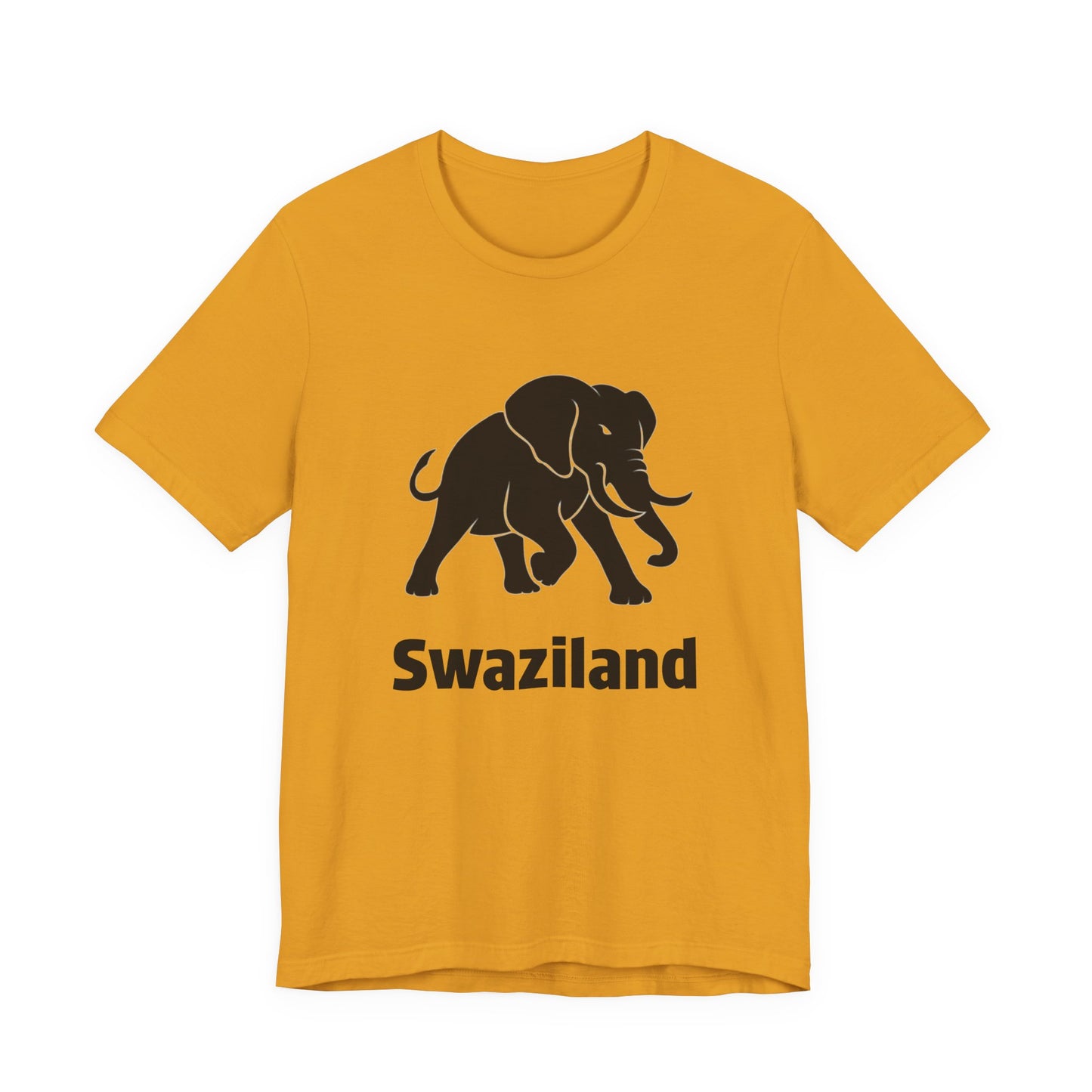A yellow short-sleeve t-shirt with a black graphic of an elephant and the word 'Swaziland' printed on the front.