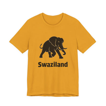 A yellow short-sleeve t-shirt with a black graphic of an elephant and the word 'Swaziland' printed on the front.