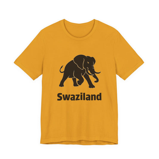 A yellow short-sleeve t-shirt with a black graphic of an elephant and the word 'Swaziland' printed on the front.