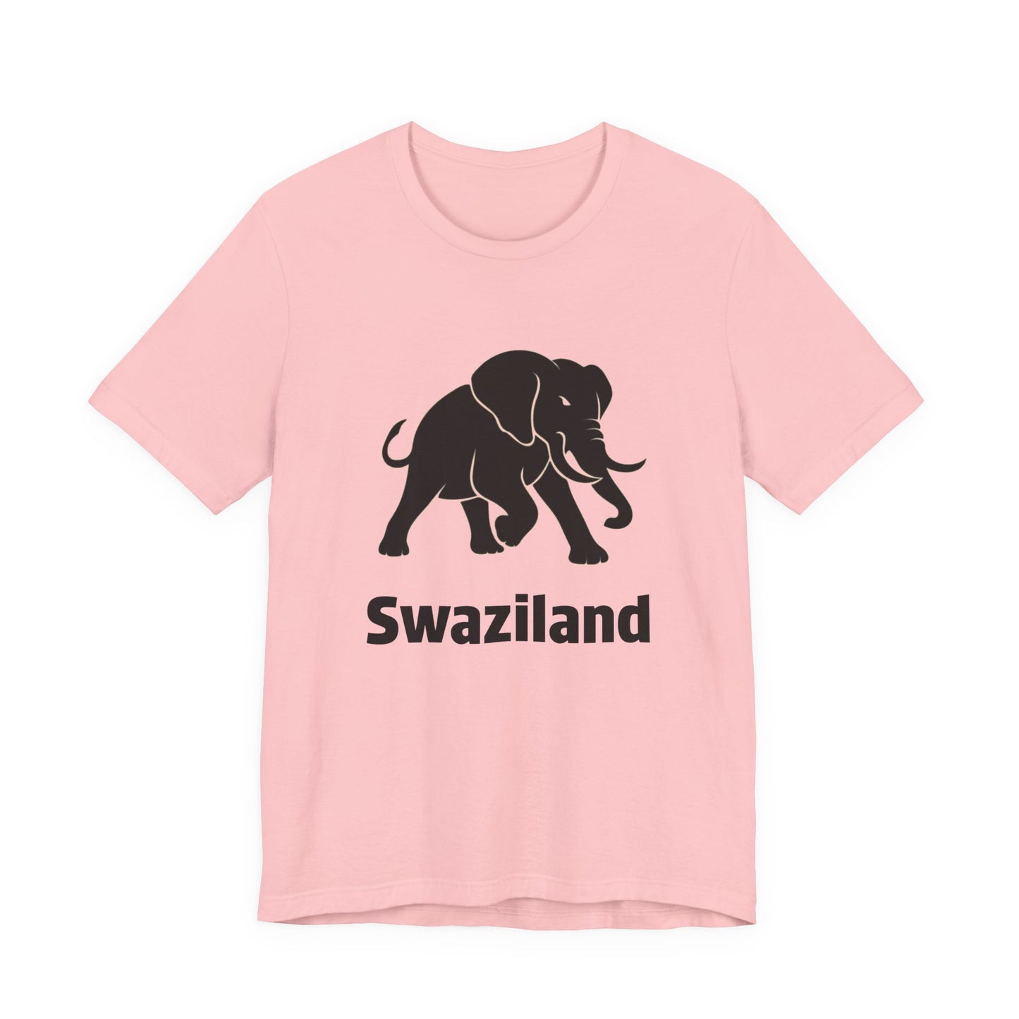 A peach short-sleeve crewneck t-shirt featuring a black graphic of an elephant and the word 'Swaziland' printed below it.