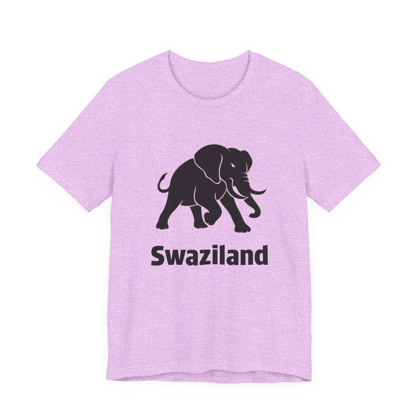 A pink short-sleeve t-shirt featuring a black silhouette of an elephant and the word 'Swaziland' printed in black below it.