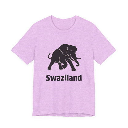 A pink short-sleeve t-shirt featuring a black silhouette of an elephant and the word 'Swaziland' printed in black below it.