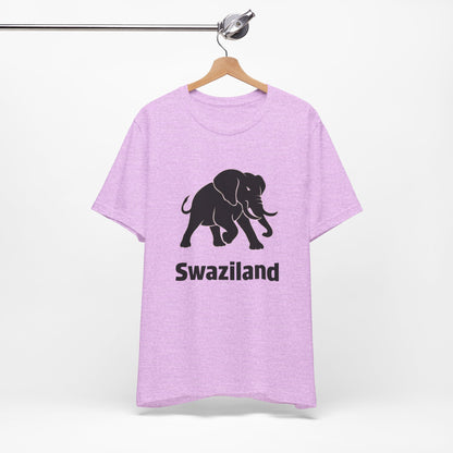 A pink t-shirt featuring a black elephant graphic and the word 'Swaziland' printed on the front.