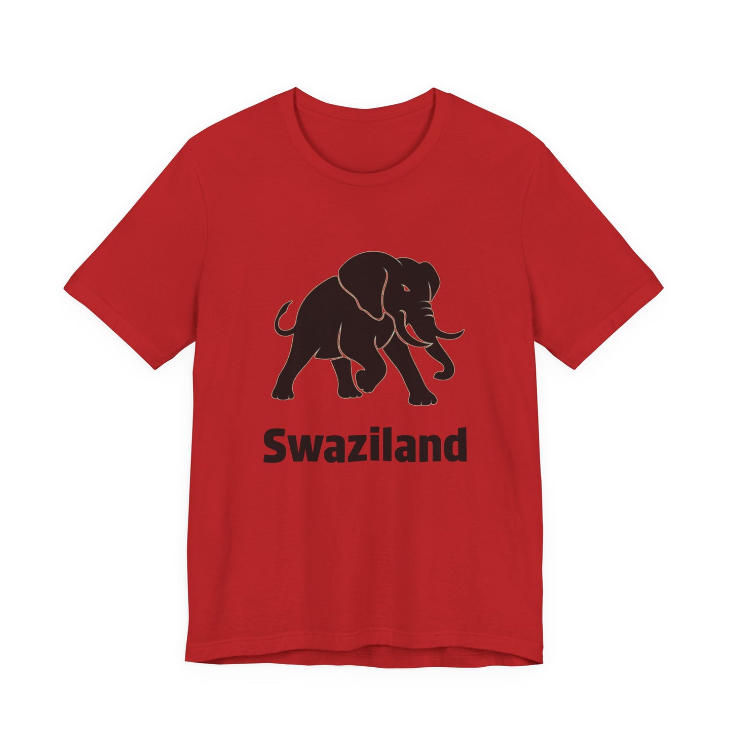 A red short-sleeve crewneck t-shirt featuring a black silhouette of an elephant and the word 'Swaziland' printed on the front, displayed against a solid white background.