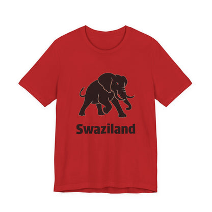A red short-sleeve crewneck t-shirt featuring a black silhouette of an elephant and the word 'Swaziland' printed on the front, displayed against a solid white background.