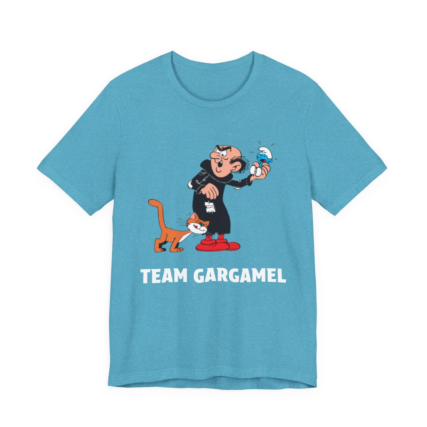 A heather aqua short-sleeve t-shirt featuring a cartoon graphic of Gargamel and his cat with the text 'TEAM GARGAMEL'.