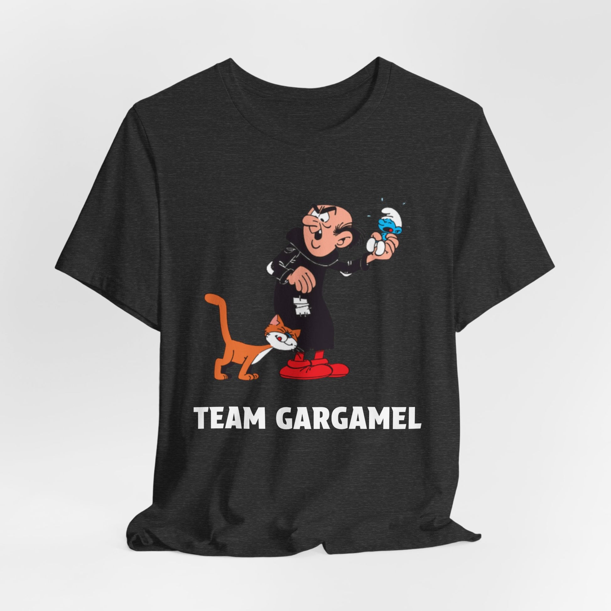 A heather black short-sleeve t-shirt with a cartoon graphic of a character and an orange cat, with the text 'TEAM GARGAMEL'.