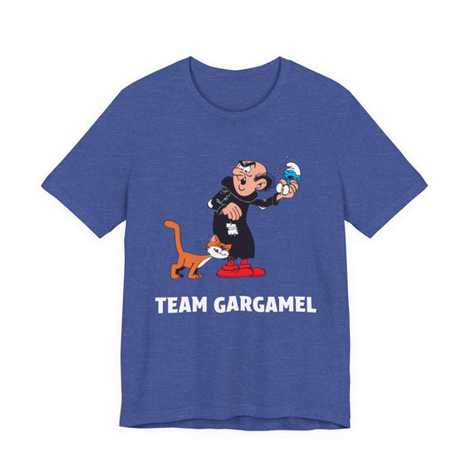 A heather blue short-sleeve crewneck t-shirt featuring a cartoon graphic of Gargamel with the text 'TEAM GARGAMEL'.