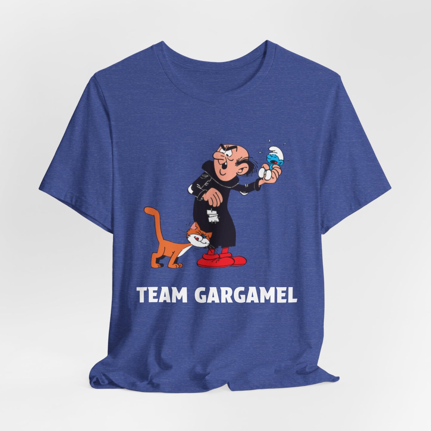 A heather blue short-sleeve t-shirt featuring a cartoon graphic of Gargamel.
