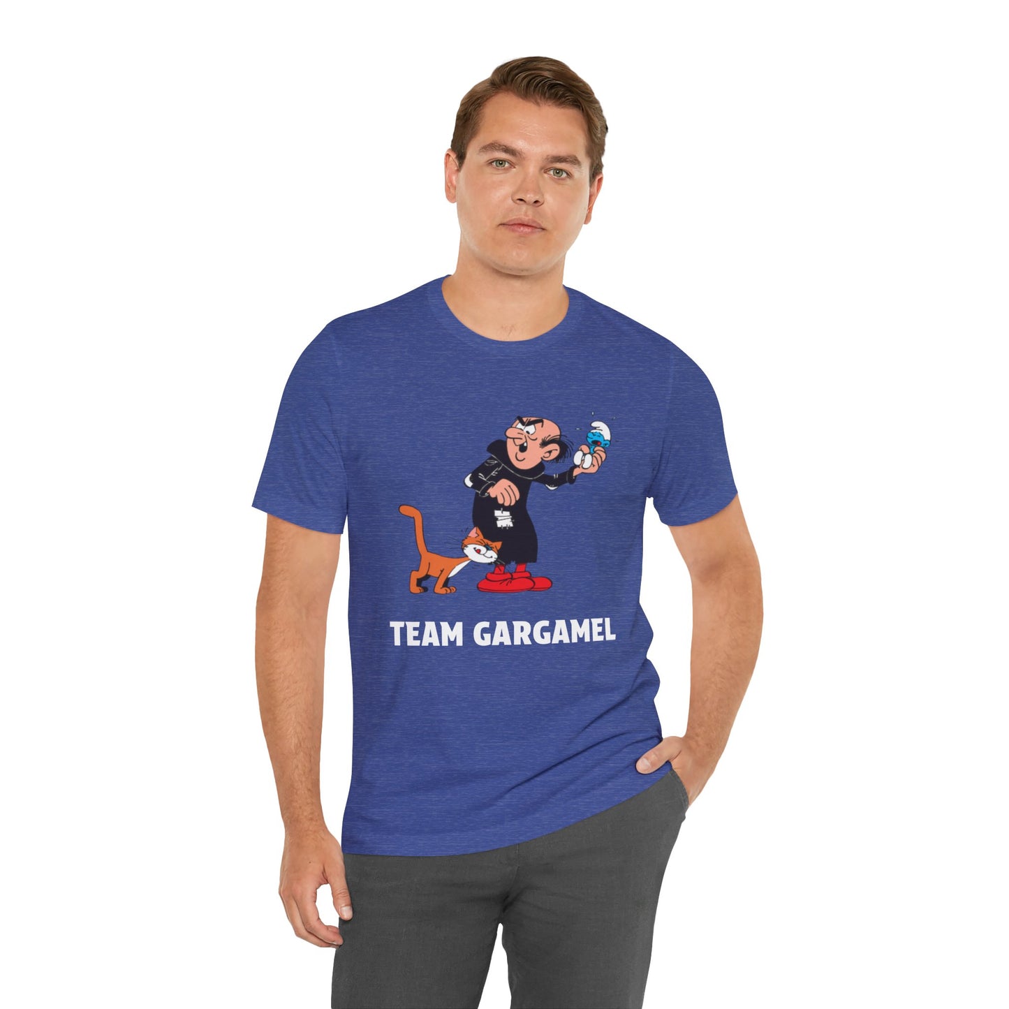 A man wearing a heather royal blue crewneck t-shirt with a cartoon graphic of a dog on a skateboard and the text 'TEAM GARGANEL'.