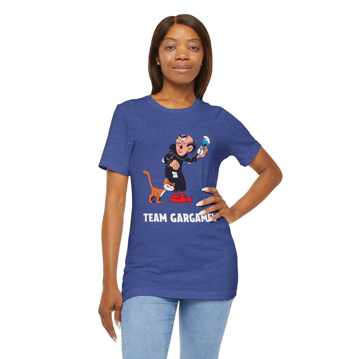 Woman wearing a blue t-shirt with Gargamel cartoon and Team Gargamel printed in white.
