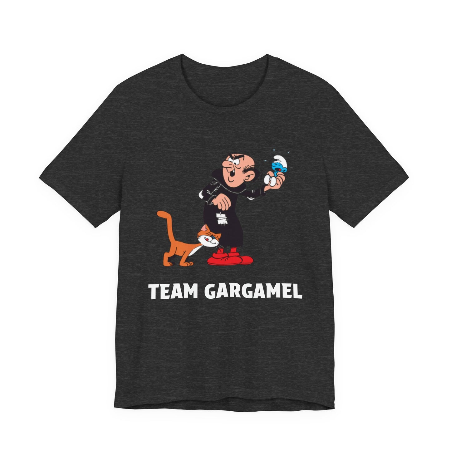 A heather gray short-sleeve t-shirt featuring a cartoon graphic of Gargamel with his cat, alongside the text 'TEAM GARGAMEL'.