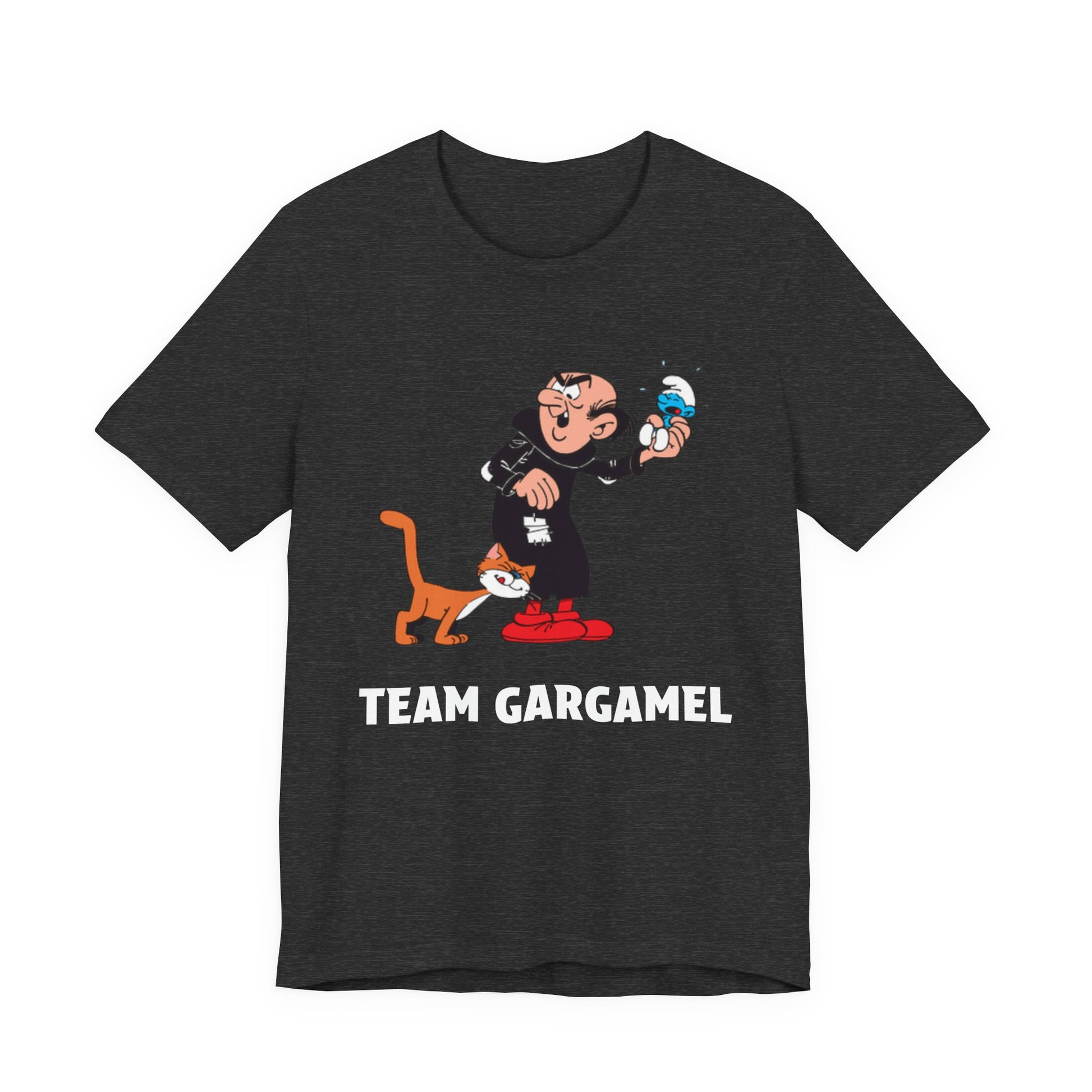 A heather gray short-sleeve t-shirt featuring a cartoon graphic of Gargamel with his cat, alongside the text 'TEAM GARGAMEL'.