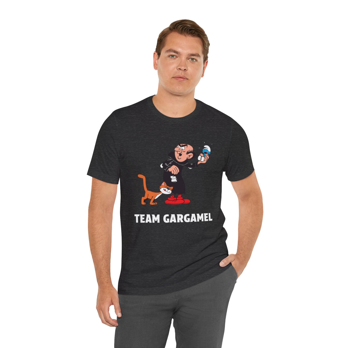 A man wearing a heather gray graphic t-shirt with a cartoon of a curling player and cat, and the text 'TEAM GARGANEL'. 