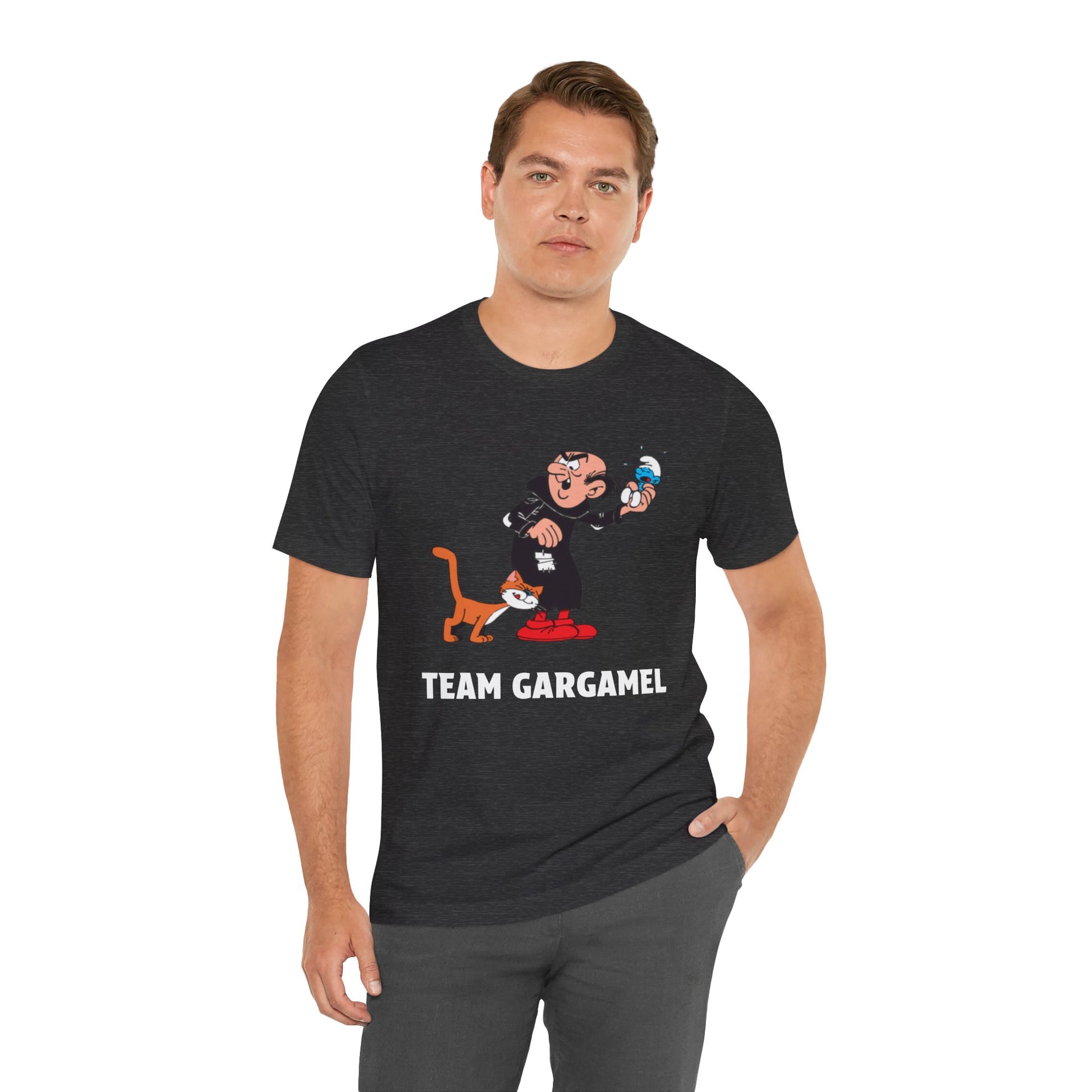 A man wearing a heather gray graphic t-shirt with a cartoon of a curling player and cat, and the text 'TEAM GARGANEL'. 