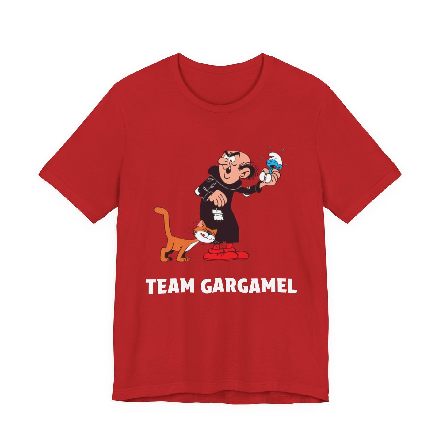 A red short-sleeve crewneck t-shirt featuring a cartoon graphic of Gargamel holding a scorpion, with an orange cat and the text 'TEAM GARGAMEL'.