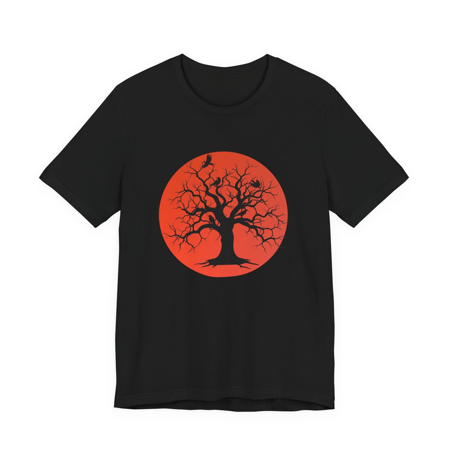 A black short-sleeve crewneck t-shirt featuring a graphic print of a black tree silhouette against a large blood moon with perched ravens.