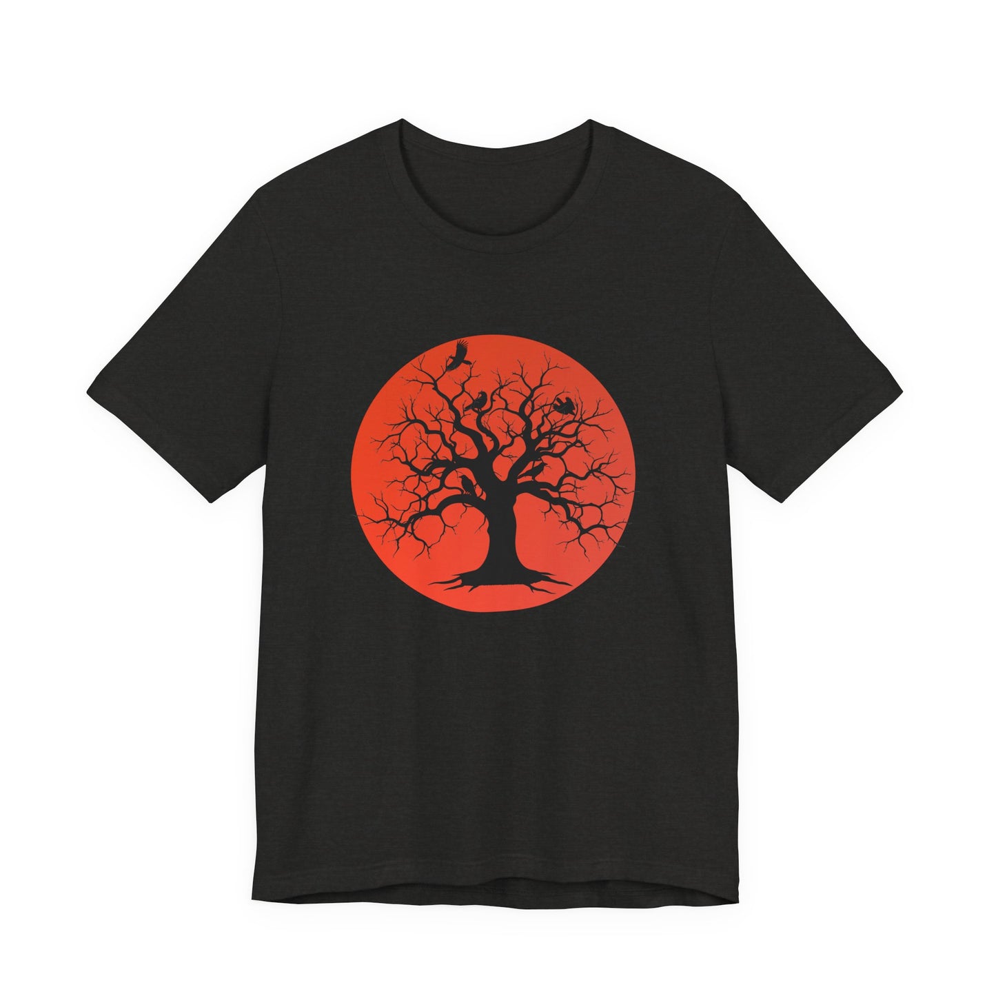 A black short-sleeve crewneck t-shirt featuring a graphic print of a black tree silhouette against a large blood moon with perched ravens.