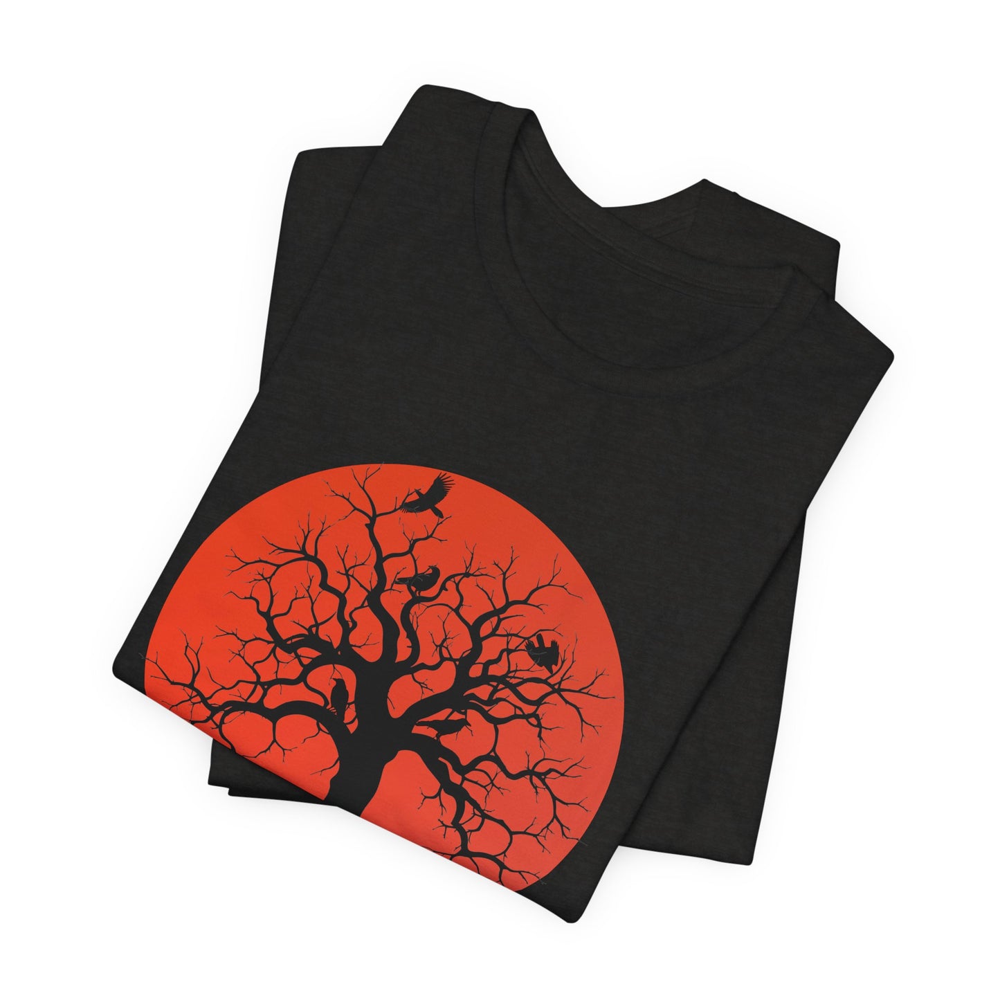 A black short-sleeve crewneck t-shirt featuring a graphic print of a black tree silhouette against a large blood moon with perched ravens.