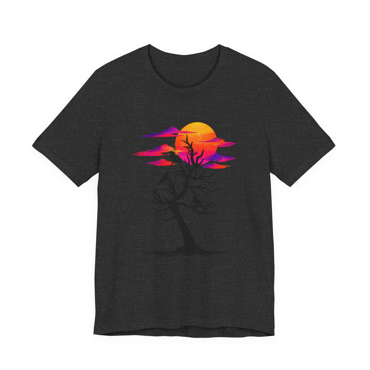 Tree of Ravens graphic tee featuring a black leafless tree with three ravens against a vibrant retro purple and orange sunset.