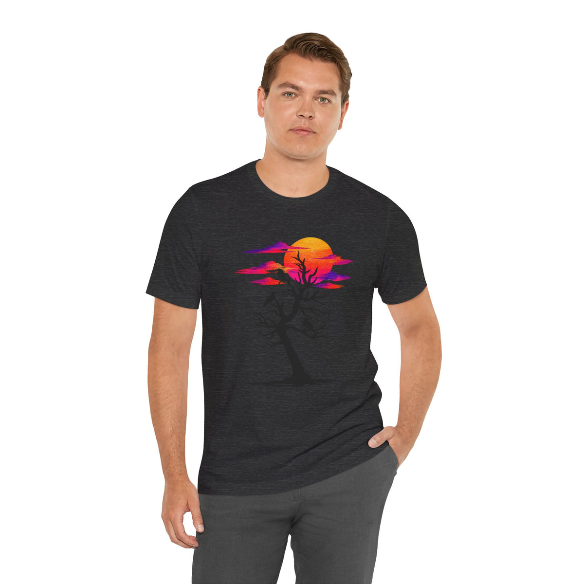 Tree of Ravens graphic tee featuring a black leafless tree with three ravens against a vibrant retro purple and orange sunset.