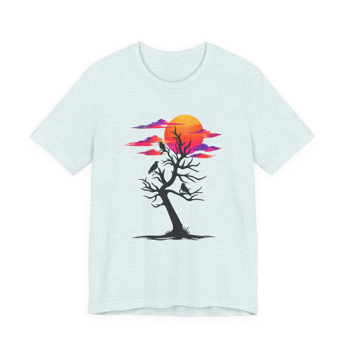 Tree of Ravens graphic tee featuring a black leafless tree with three ravens against a vibrant retro purple and orange sunset.