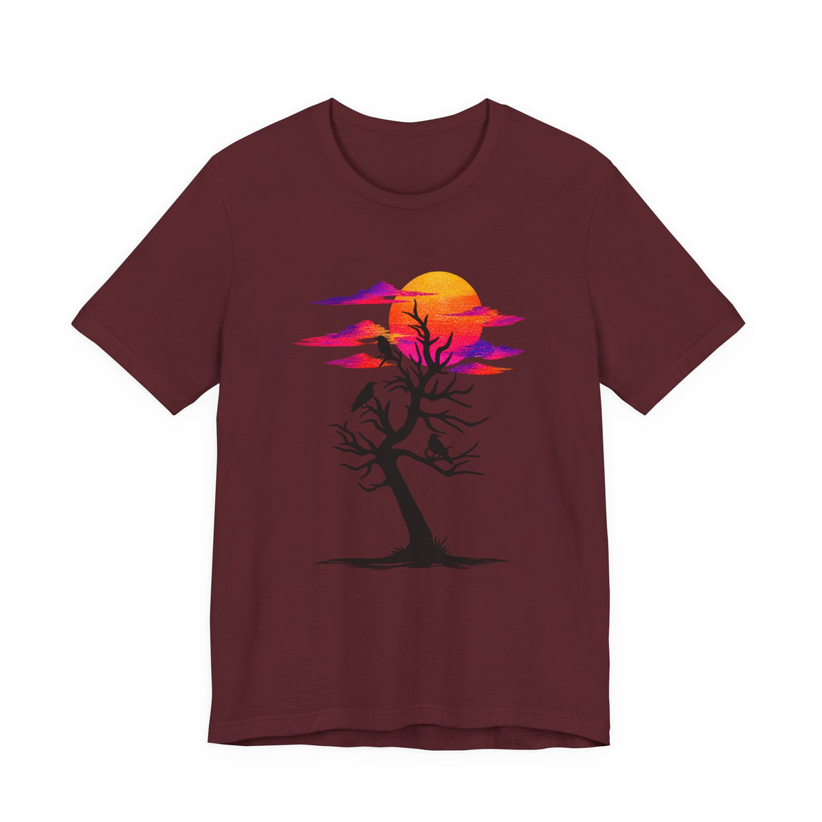 Tree of Ravens graphic tee featuring a black leafless tree with three ravens against a vibrant retro purple and orange sunset.