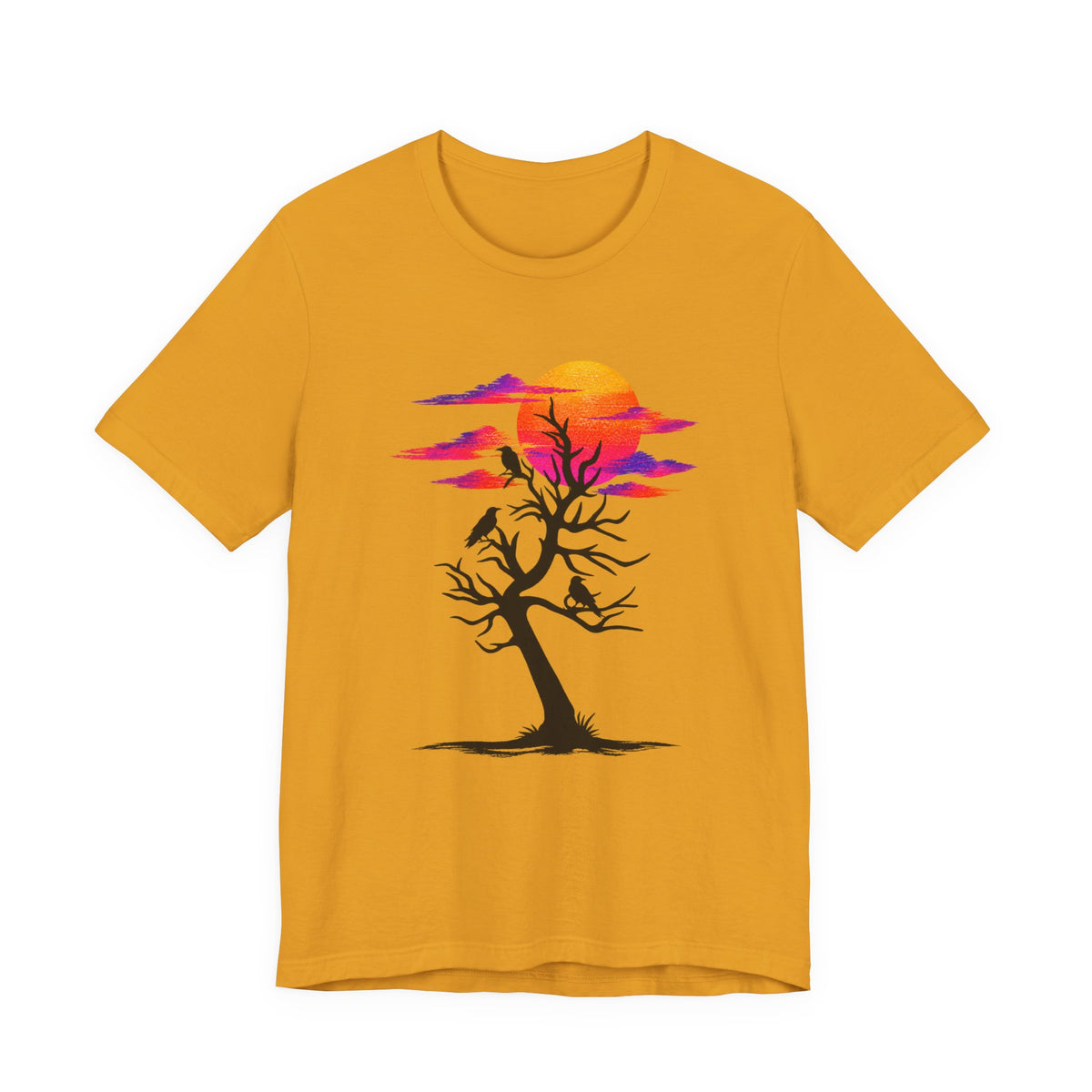 Tree of Ravens graphic tee featuring a black leafless tree with three ravens against a vibrant retro purple and orange sunset.