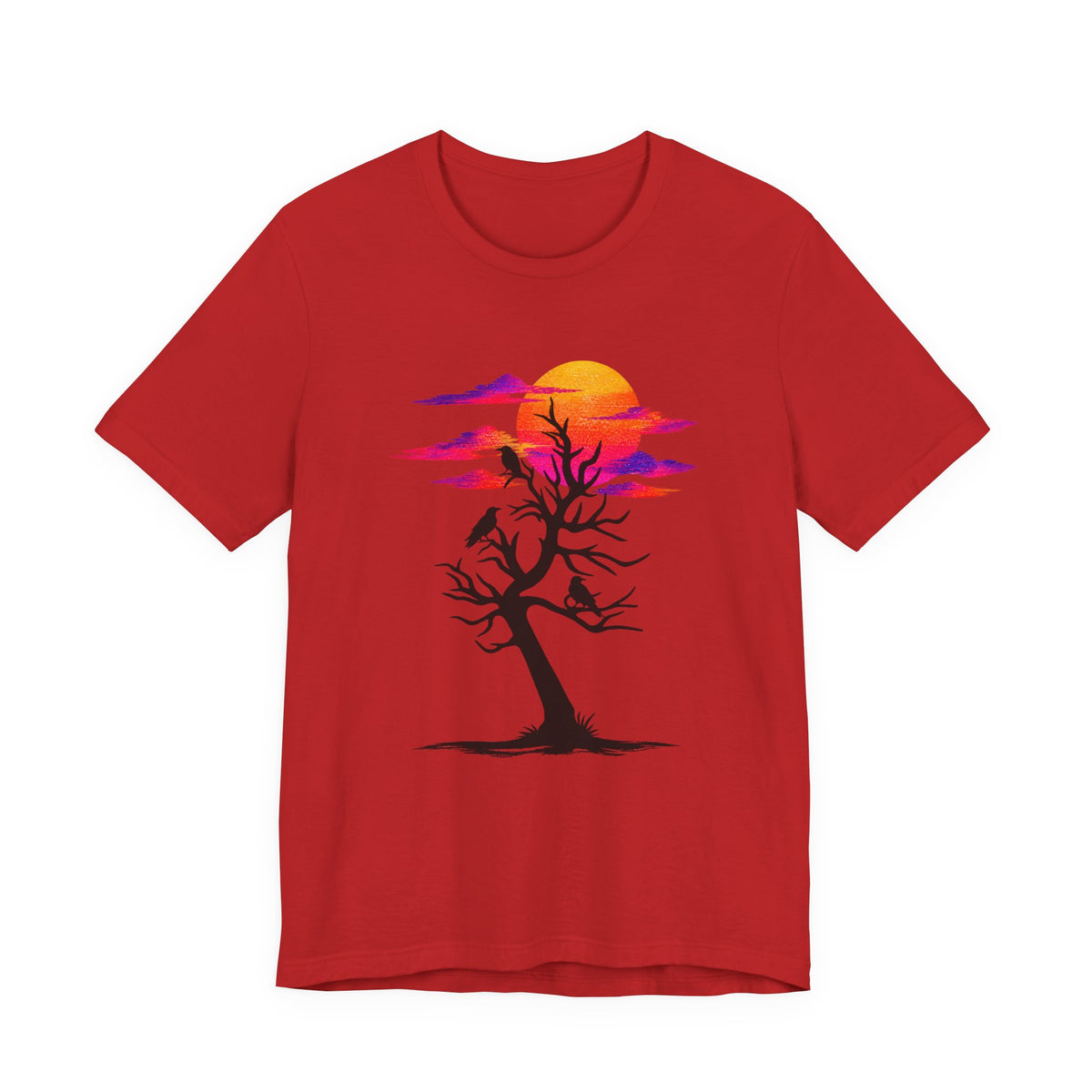 Tree of Ravens graphic tee featuring a black leafless tree with three ravens against a vibrant retro purple and orange sunset.
